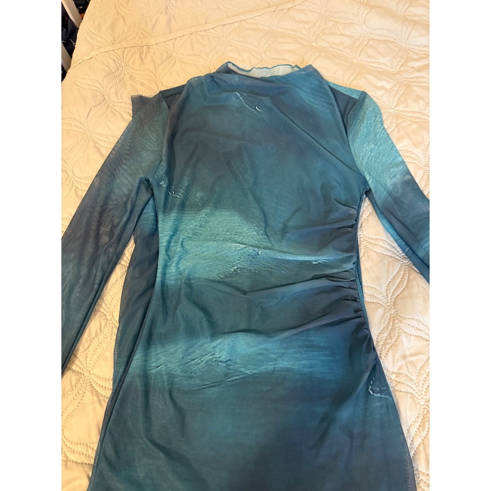 SHEIN Blue Ocean Abstract Mesh Bodycon Maxi Dress Ruched Sheer Long Sleeve XS‎